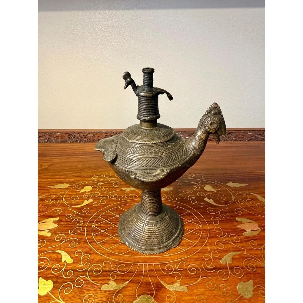 Antique‎ Indian Peacock Oil Lamp, Hand Cast Dhokra Brass Vessel